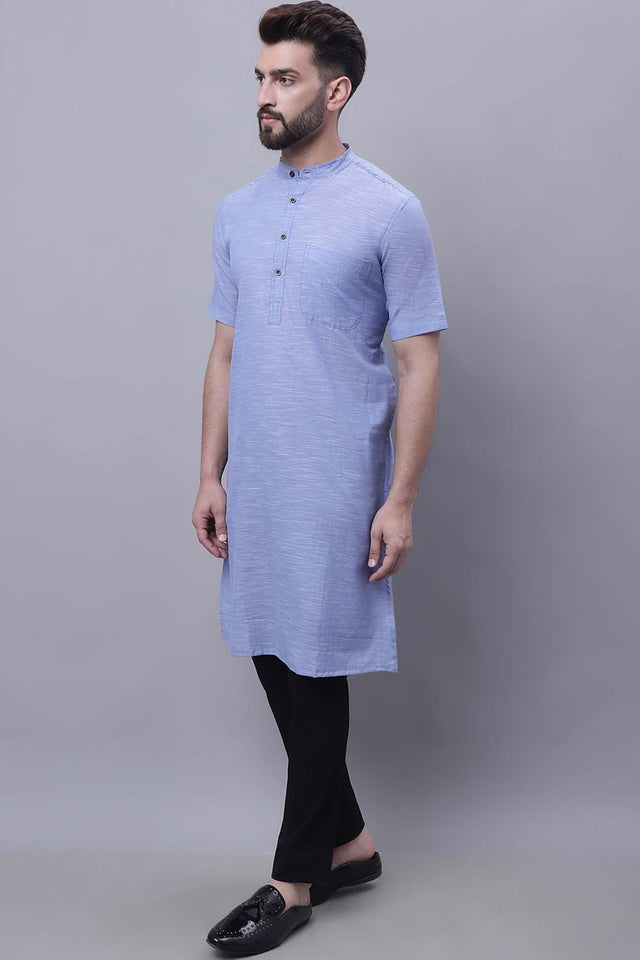 Buy Men's Blue Cotton Solid Long Kurta Top Online - Zoom Out