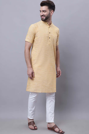 Buy Men's Yellow Cotton Solid Long Kurta Top Online - Back