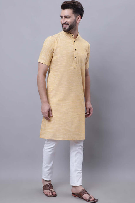 Buy Men's Yellow Cotton Solid Long Kurta Top Online - Back