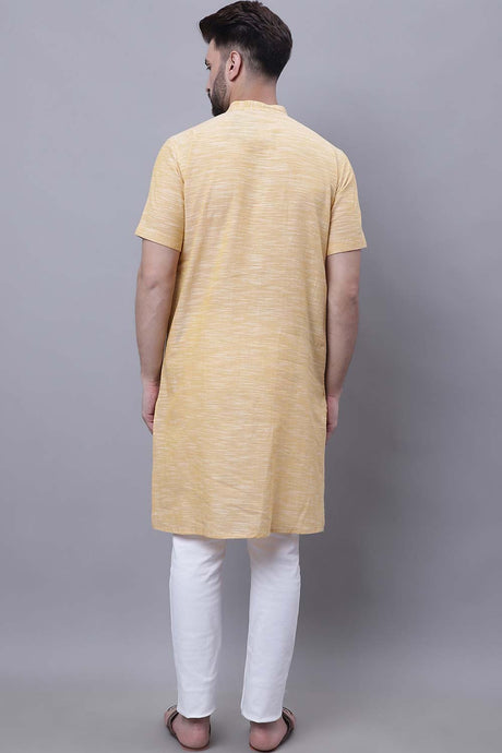 Buy Men's Yellow Cotton Solid Long Kurta Top Online - Front