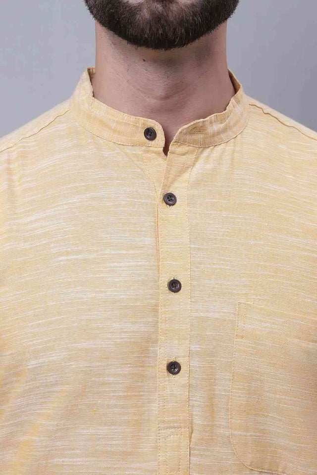 Buy Men's Yellow Cotton Solid Long Kurta Top Online - Side