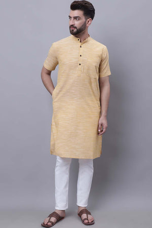 Buy Men's Yellow Cotton Solid Long Kurta Top Online - Zoom In