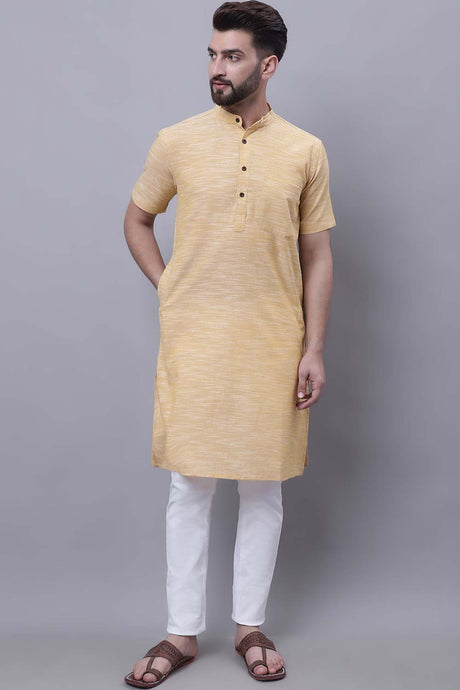 Buy Men's Yellow Cotton Solid Long Kurta Top Online - Zoom In