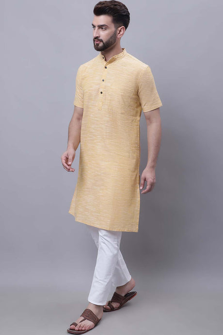 Buy Men's Yellow Cotton Solid Long Kurta Top Online - Zoom Out
