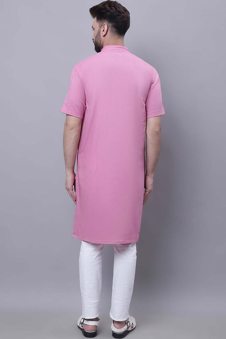 Buy Men's Pink Cotton Solid Long Kurta Top Online - Front