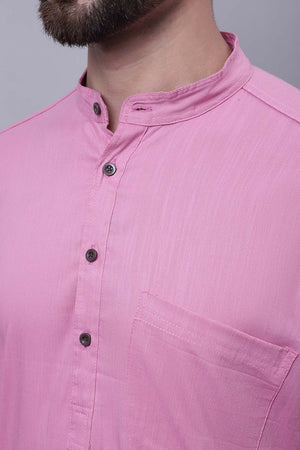 Buy Men's Pink Cotton Solid Long Kurta Top Online - Side