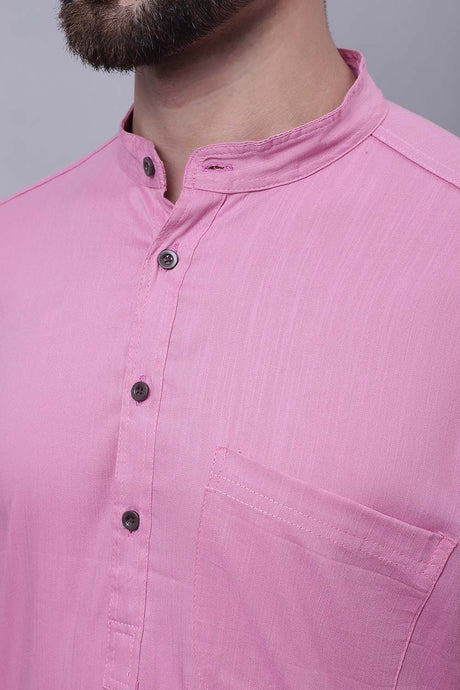 Buy Men's Pink Cotton Solid Long Kurta Top Online - Side