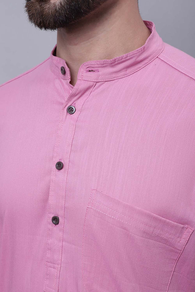 Buy Men's Pink Cotton Solid Long Kurta Top Online - Side
