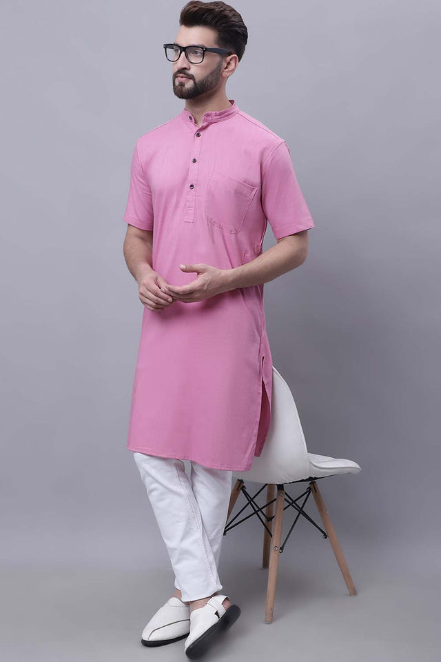 Buy Men's Pink Cotton Solid Long Kurta Top Online - Zoom In