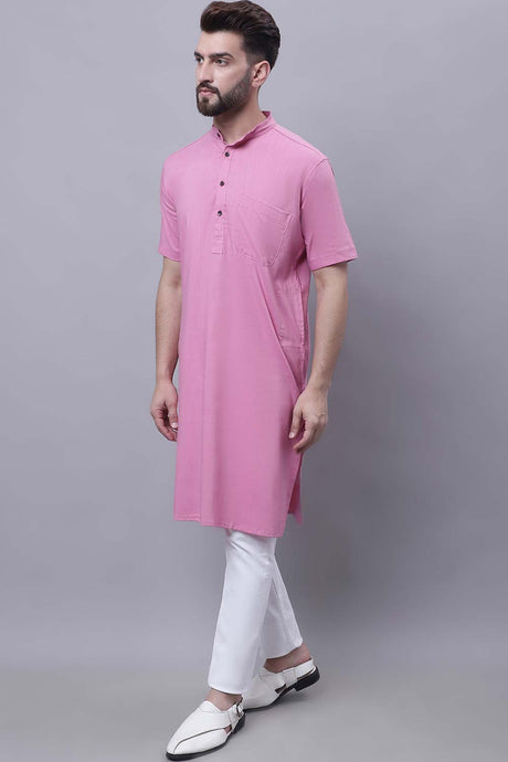 Buy Men's Pink Cotton Solid Long Kurta Top Online - Zoom Out