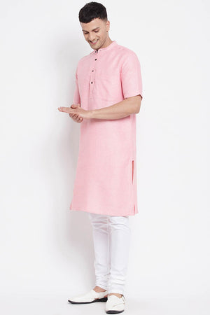 Buy Men's Pure Cotton Solid Long Kurta in Light Pink - Back