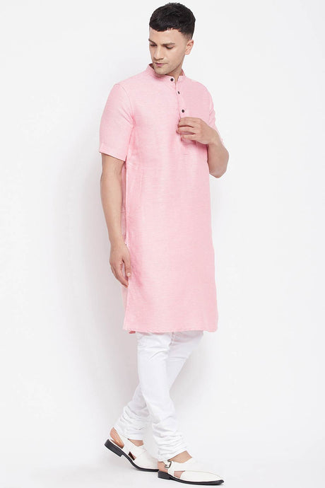 Buy Men's Pure Cotton Solid Long Kurta in Light Pink - Side