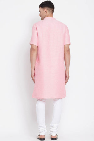 Buy Men's Pure Cotton Solid Long Kurta in Light Pink - Zoom in