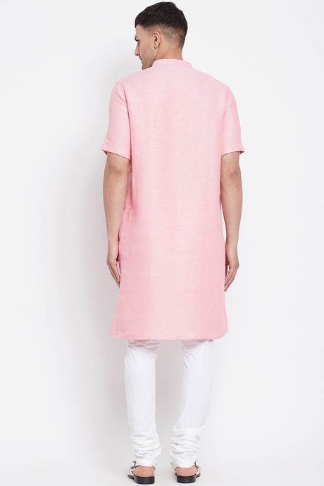 Buy Men's Pure Cotton Solid Long Kurta in Light Pink - Zoom in
