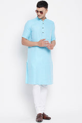 Buy Men's Pure Cotton Solid Long Kurta in Light Blue - Front