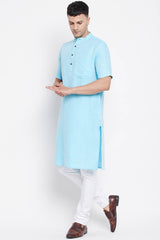 Buy Men's Pure Cotton Solid Long Kurta in Light Blue - Back