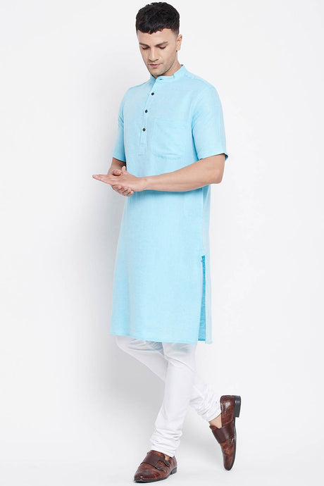 Buy Men's Pure Cotton Solid Long Kurta in Light Blue - Back