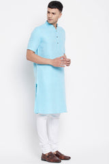 Buy Men's Pure Cotton Solid Long Kurta in Light Blue - Side