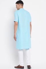 Buy Men's Pure Cotton Solid Long Kurta in Light Blue - Zoom in