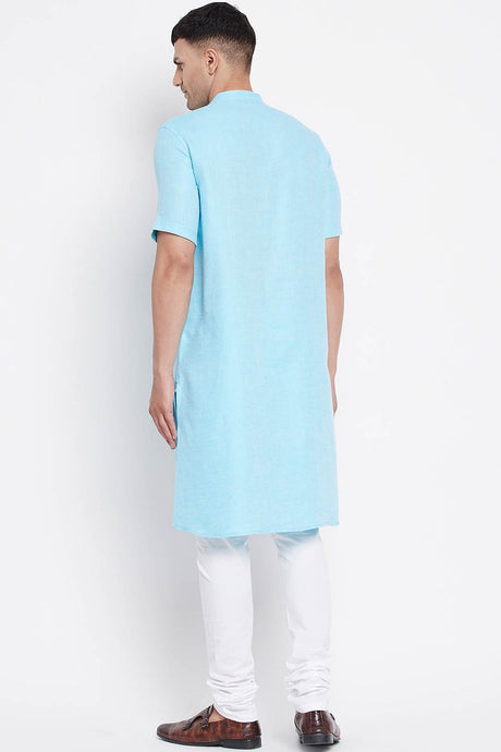 Buy Men's Pure Cotton Solid Long Kurta in Light Blue - Zoom in