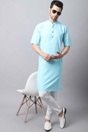 Men's Light Blue Solid Full Sleeve Long Kurta Top (LHS-SLD1132-SBC)