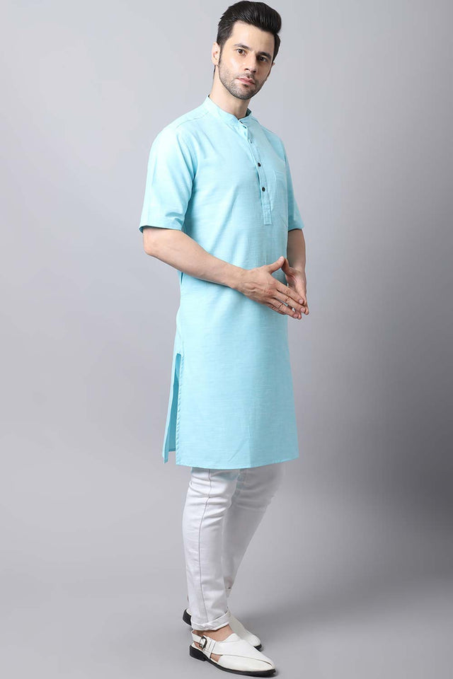 Men's Light Blue Solid Full Sleeve Long Kurta Top (LHS-SLD1132-SBC)