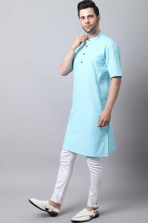 Men's Light Blue Solid Full Sleeve Long Kurta Top (LHS-SLD1132-SBC)
