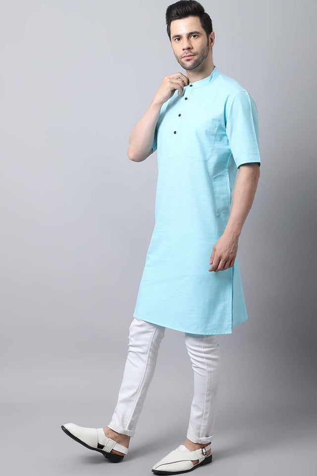 Men's Light Blue Solid Full Sleeve Long Kurta Top (LHS-SLD1132-SBC)