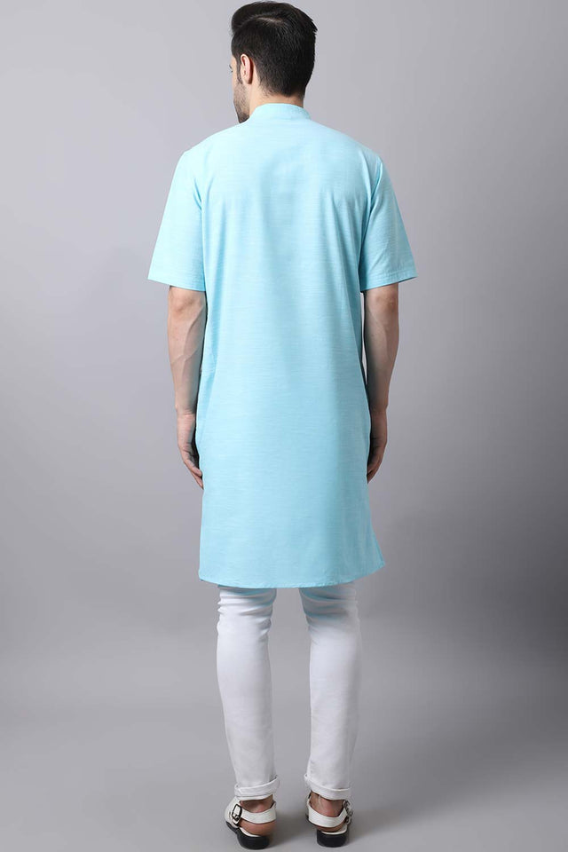 Men's Light Blue Solid Full Sleeve Long Kurta Top (LHS-SLD1132-SBC)