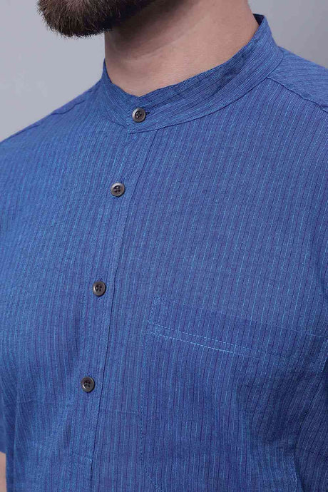 Buy Men's Blue Cotton Striped Long Kurta Top Online - Side