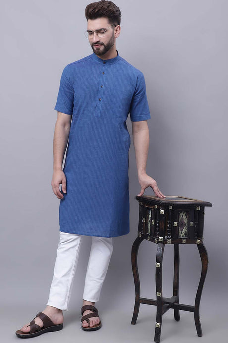 Buy Men's Blue Cotton Striped Long Kurta Top Online - Zoom In