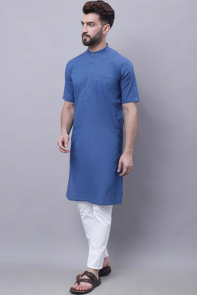 Buy Men's Blue Cotton Striped Long Kurta Top Online - Zoom Out