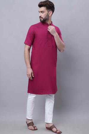 Buy Men's Maroon Cotton Solid Long Kurta Top Online - Back