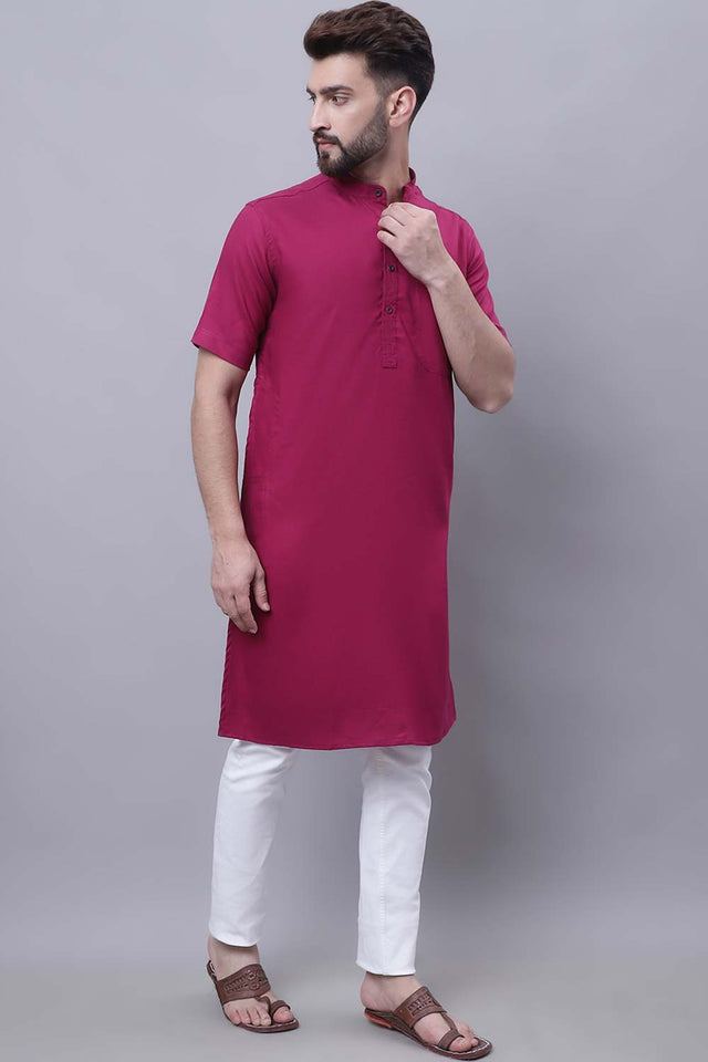 Buy Men's Maroon Cotton Solid Long Kurta Top Online - Back