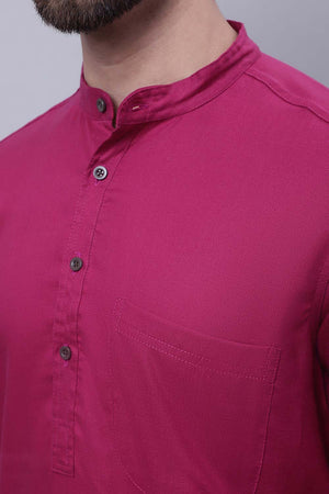 Buy Men's Maroon Cotton Solid Long Kurta Top Online - Side