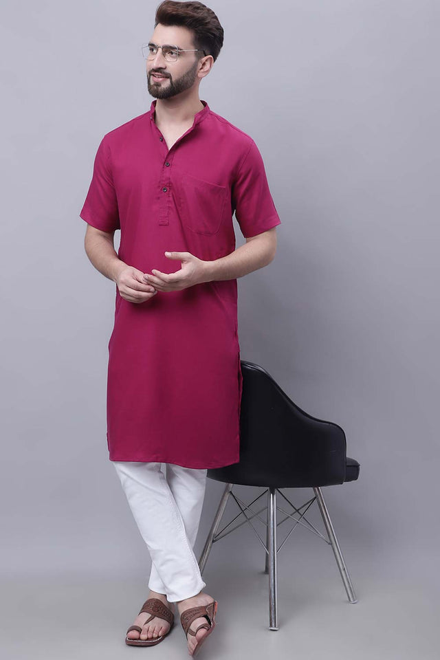Buy Men's Maroon Cotton Solid Long Kurta Top Online - Zoom In