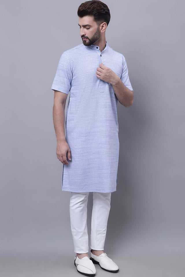 Buy Men's Blue Cotton Solid Long Kurta Top Online - Back