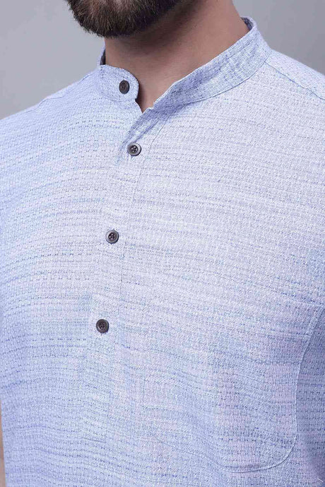 Buy Men's Blue Cotton Solid Long Kurta Top Online - Side
