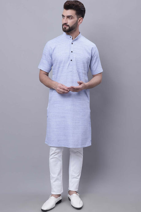 Buy Men's Blue Cotton Solid Long Kurta Top Online - Zoom In