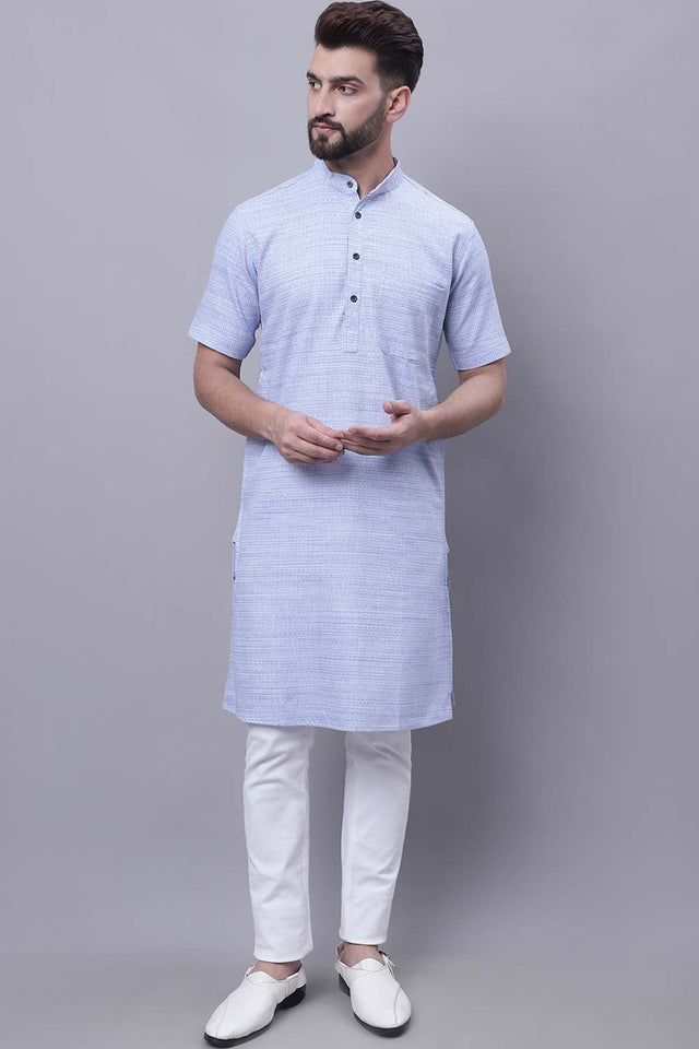 Buy Men's Blue Cotton Solid Long Kurta Top Online - Zoom In