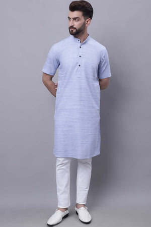 Buy Men's Blue Cotton Solid Long Kurta Top Online