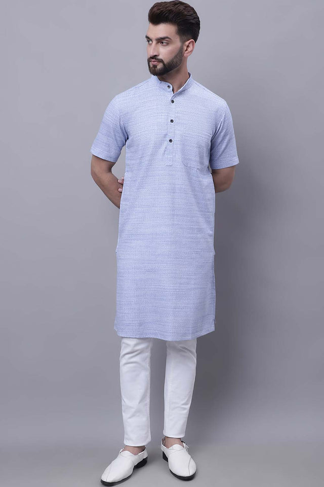 Buy Men's Blue Cotton Solid Long Kurta Top Online