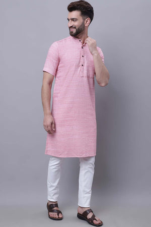 Buy Men's Red Cotton Solid Long Kurta Top Online - Back