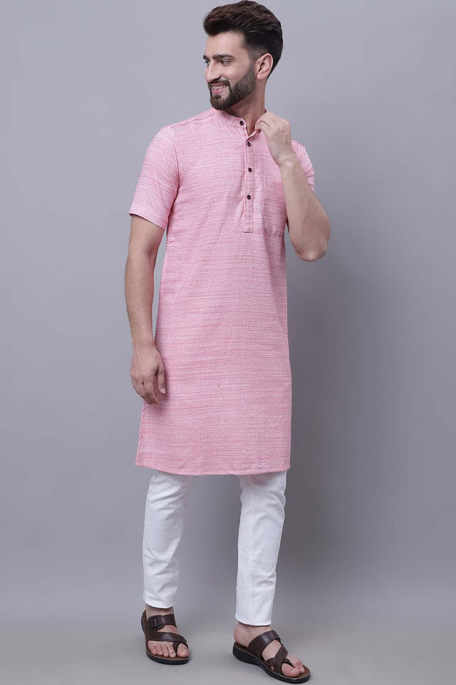 Buy Men's Red Cotton Solid Long Kurta Top Online - Back