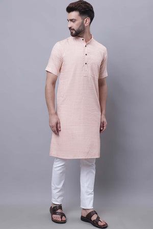 Buy Men's Peach Cotton Solid Long Kurta Top Online - Back