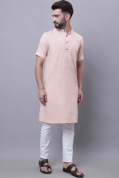Buy Men's Peach Cotton Solid Long Kurta Top Online - Back