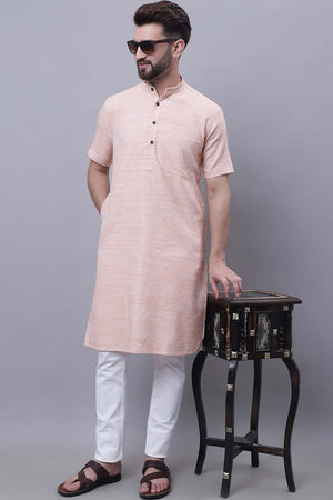 Buy Men's Peach Cotton Solid Long Kurta Top Online - Zoom In