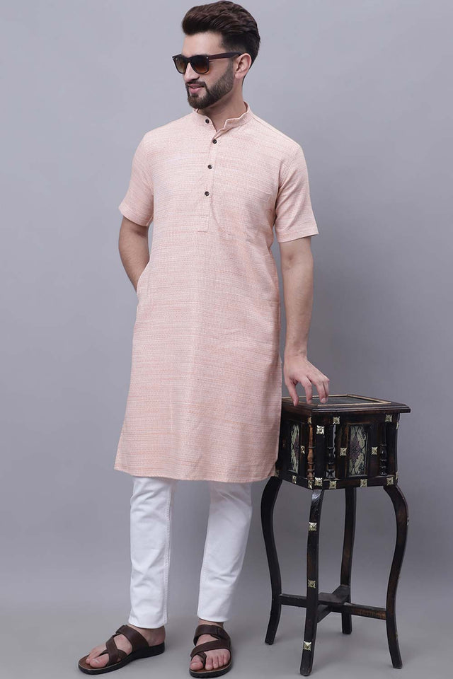 Buy Men's Peach Cotton Solid Long Kurta Top Online - Zoom In