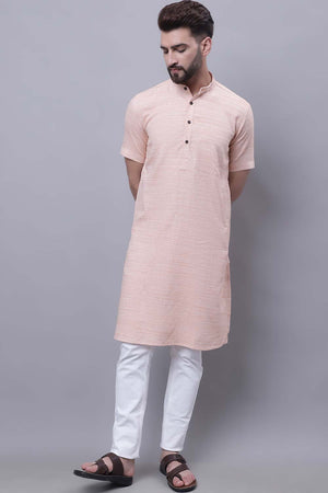 Buy Men's Peach Cotton Solid Long Kurta Top Online - Zoom Out
