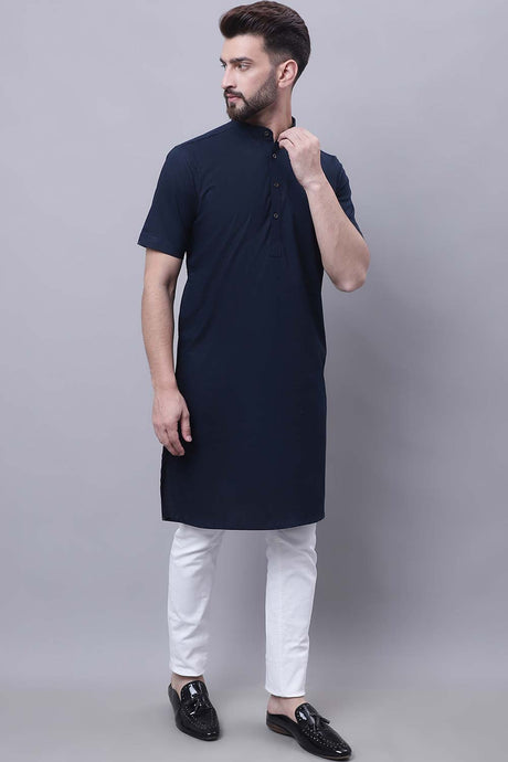 Buy Men's Blue Cotton Solid Long Kurta Top Online - Front